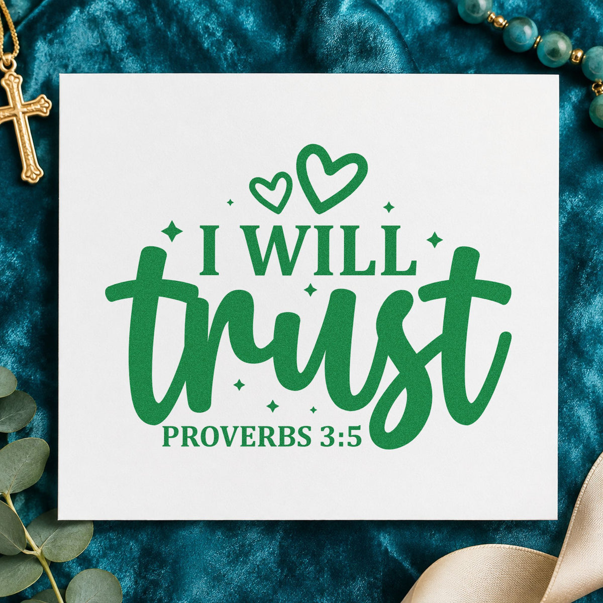 I Will Trust craft stamp imprint in green ink on a handmade project, one idea being wedding program covers.