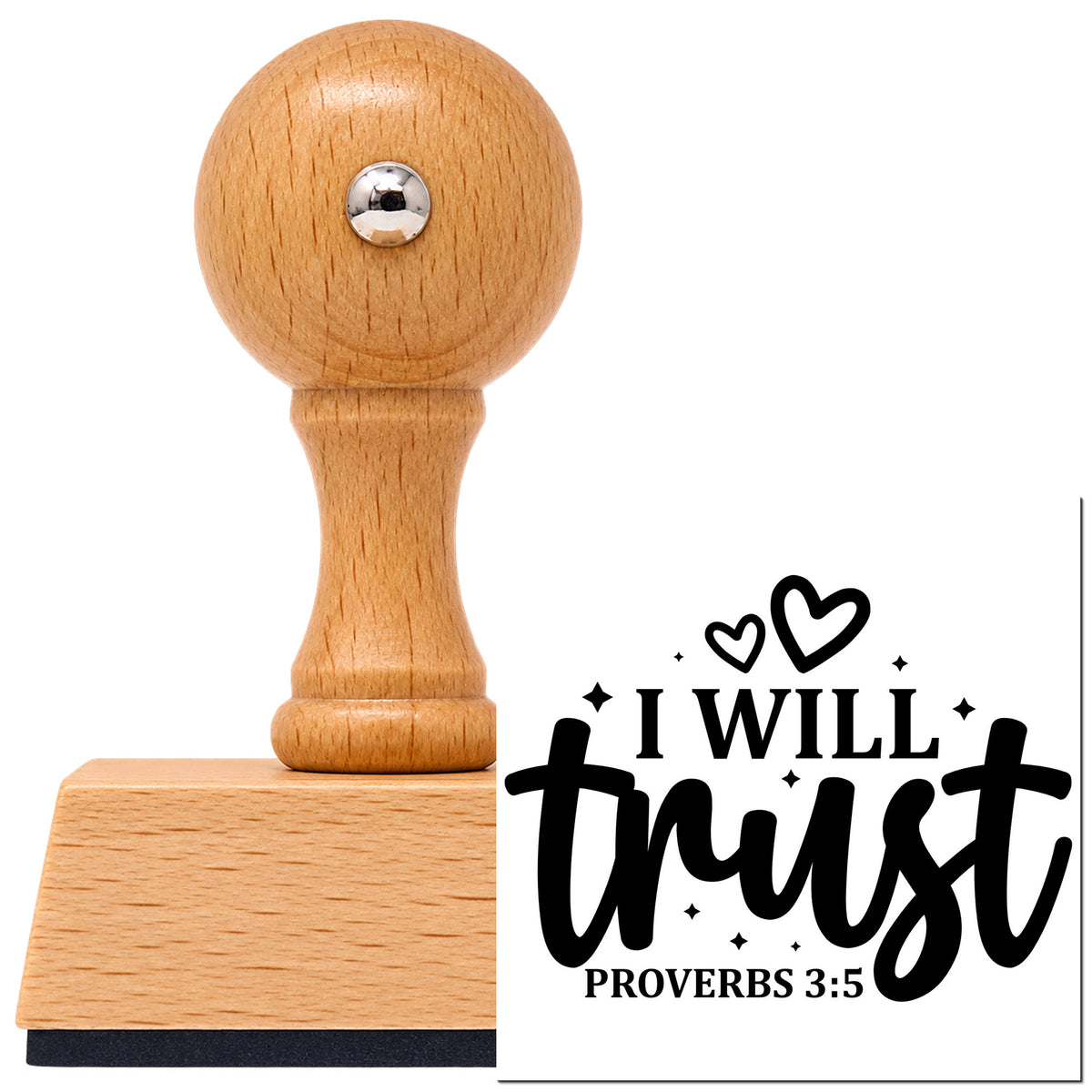 Vintage Pro beech wood stamp with a round knob handle, shown with its black I Will Trust With Hearts imprint on white.
