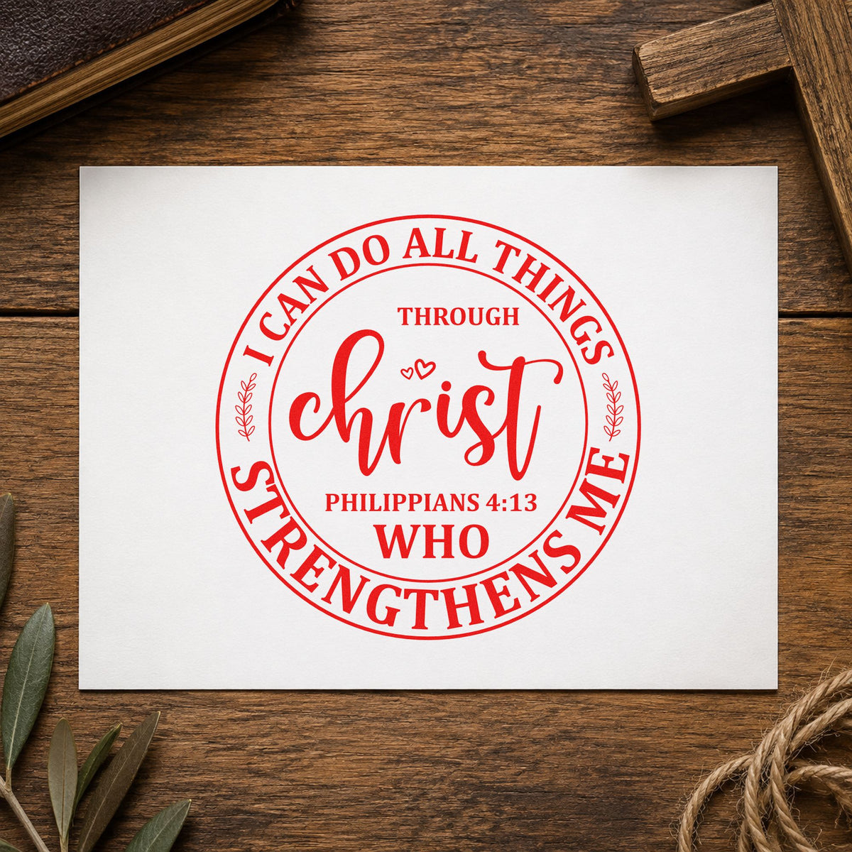 Christ Strengthens Me Circle rubber stamp shown in red ink, stamped for projects such as gym bag tags.