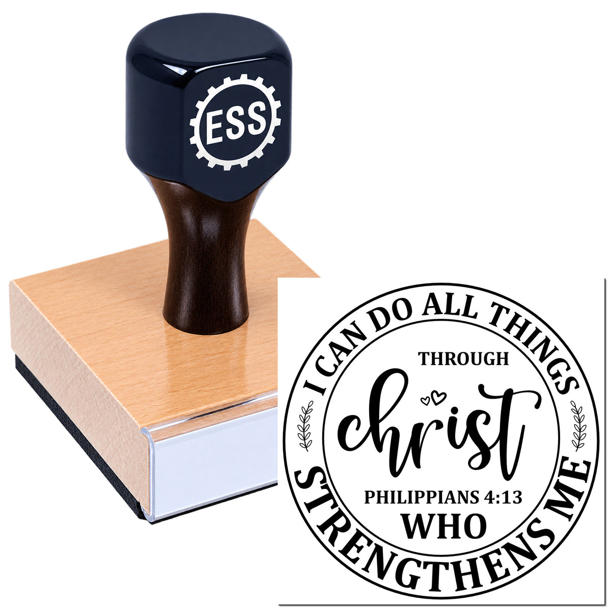 Black ESS stamp on a wood base beside a white circular seal with black Bible verse text: "I can do all things through Christ."
