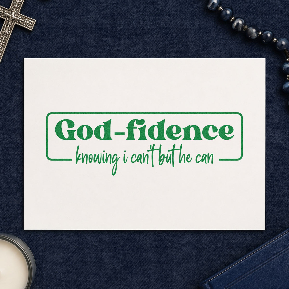 Godfidence Knowing Badge craft stamp imprint in green ink on a handmade project, one idea being mirror clings.
