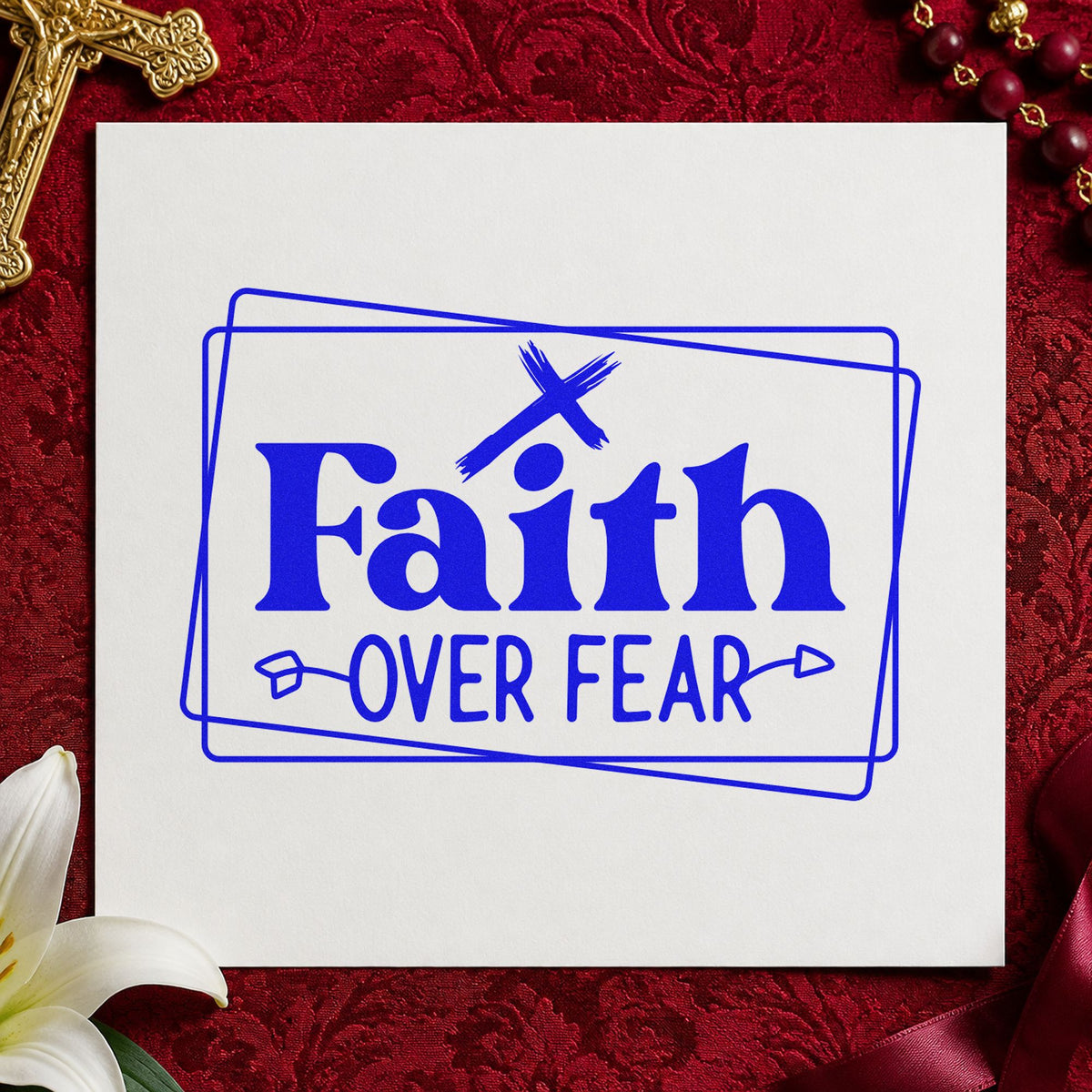 Faith over Fear Double Frame craft stamp in blue ink on cardstock, an easy option for tee transfers.