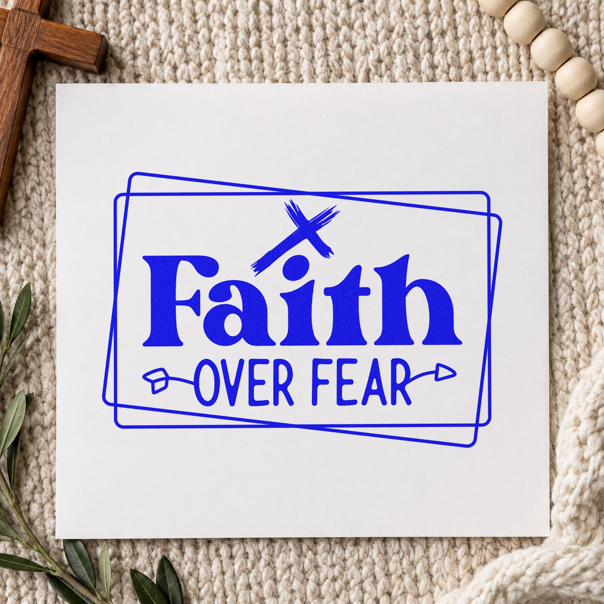 Faith over Fear Double Frame craft stamp imprinted in blue ink on paper, a design suited to missionary gifts.