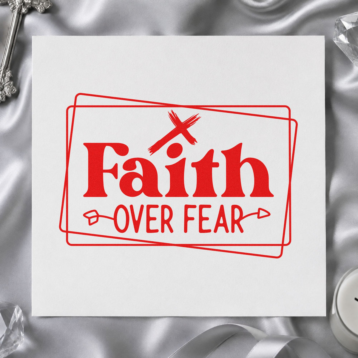 Faith over Fear Double Frame rubber stamp shown in red ink, stamped for projects such as journal cover stamping.