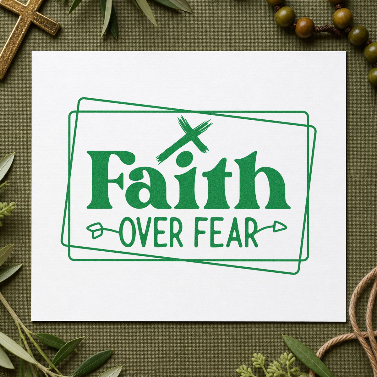Faith over Fear Double Frame craft stamp imprint in green ink on a handmade project, one idea being framed office art.