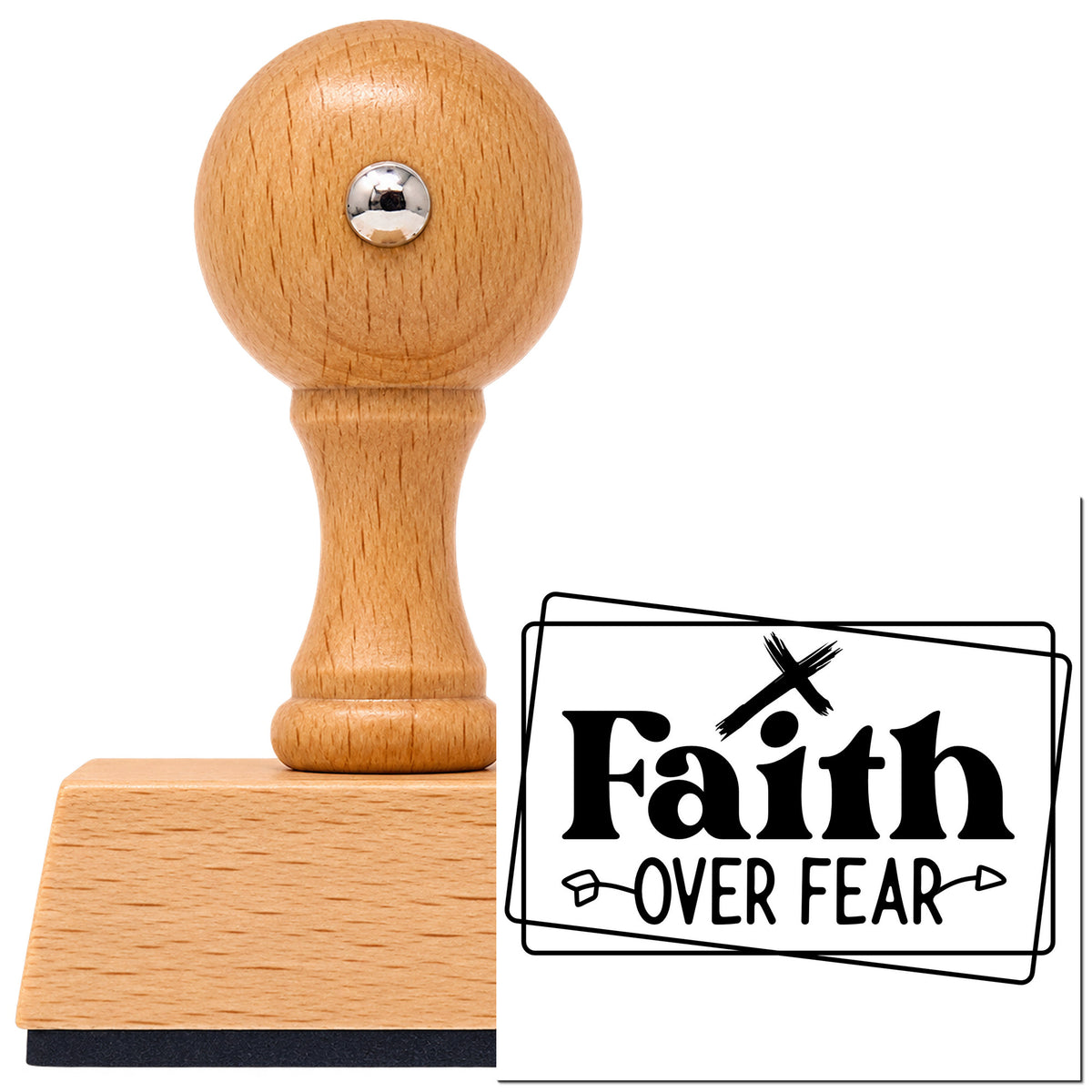 Vintage Pro beech wood stamp with a round knob handle, shown with its black Faith Over Fear Double Frame imprint on white.