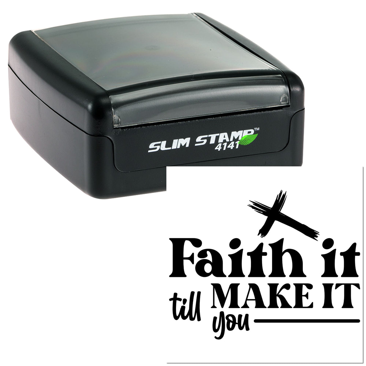 Black self-inking Slim Stamp 4141 with clear cap and bold black faith quote seal design.