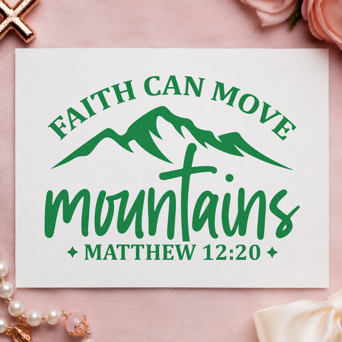 Faith Moves Mountains Peaks craft stamp imprint in green ink on a handmade project, one idea being mountain retreat tags.
