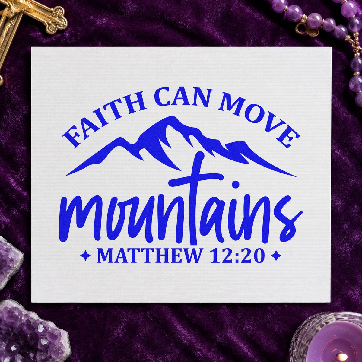 Faith Moves Mountains Peaks craft stamp imprinted in blue ink on paper, a design suited to cabin guest books.