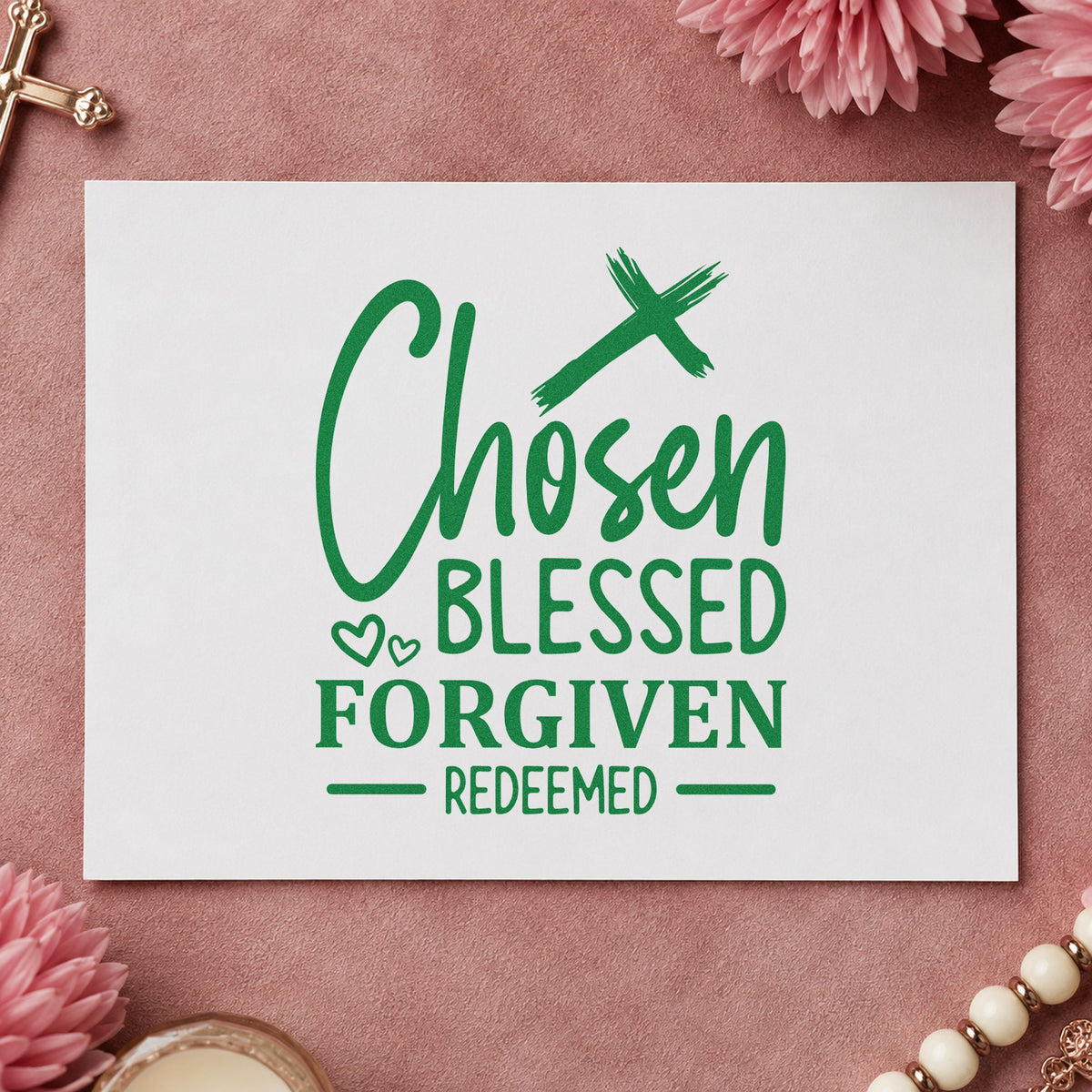 Chosen Blessed Forgiven Redeemed Cross craft stamp imprint in green ink on a handmade project, one idea being testimony night favors.
