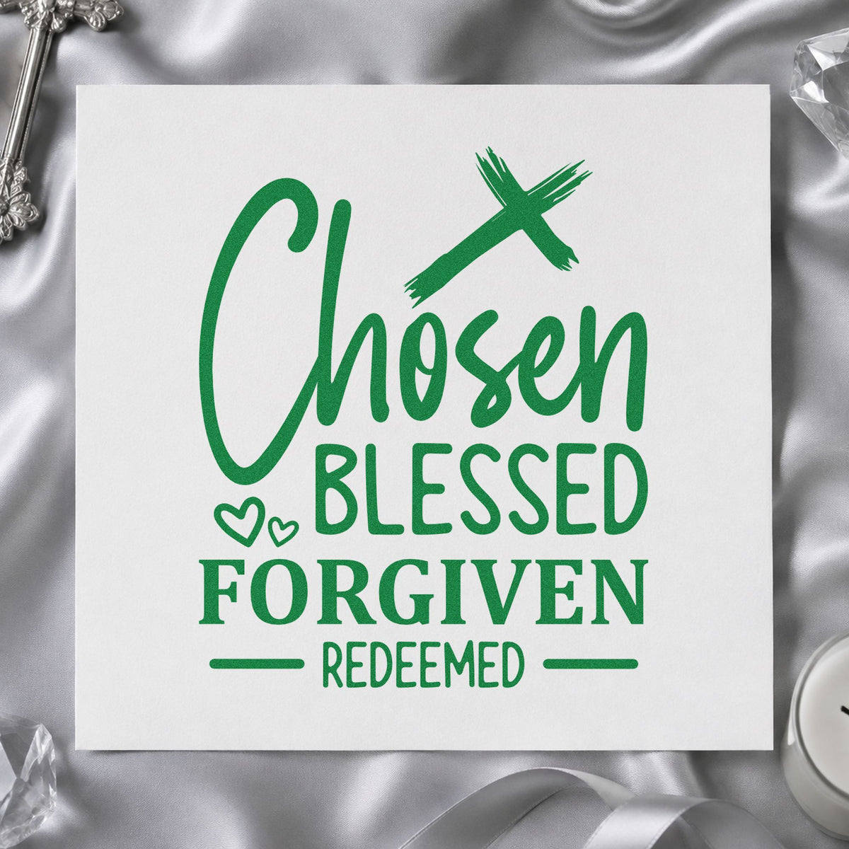 Chosen Blessed Forgiven Redeemed Cross craft stamp imprint in green ink on a handmade project, one idea being framed bedroom art.
