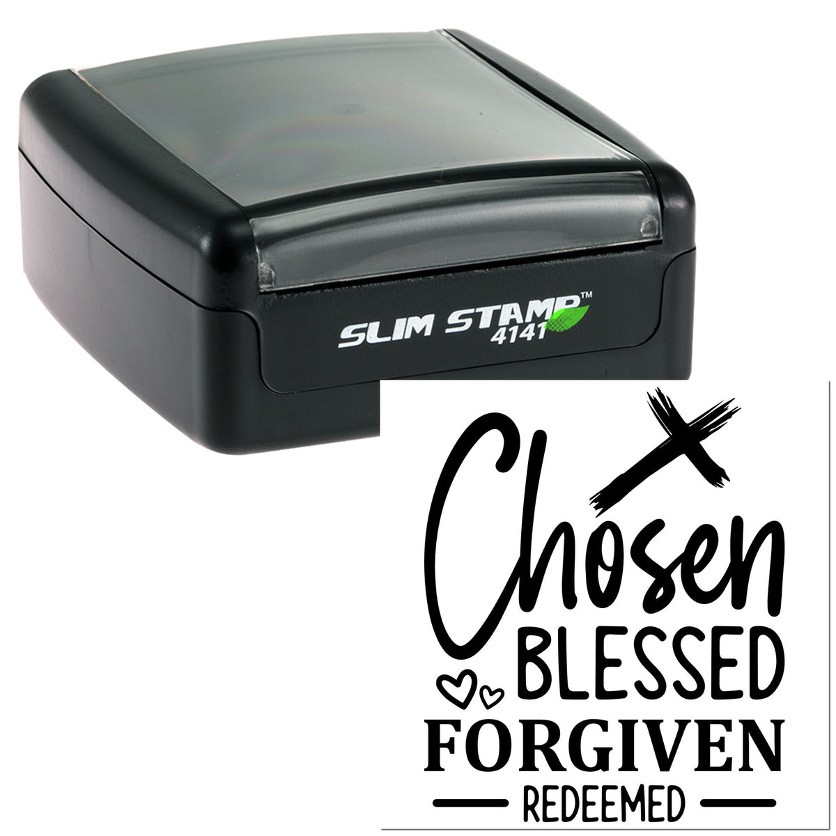 Black Slim Stamp 4141 self-inking stamp with white seal reading Chosen, Blessed, Forgiven, Redeemed on a white background
