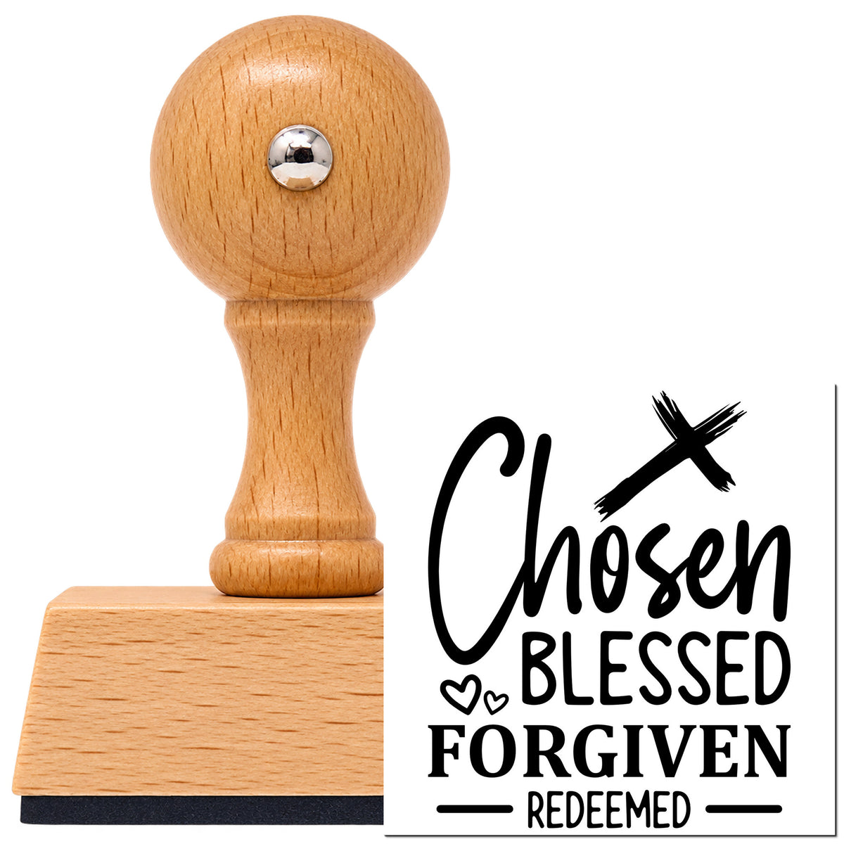 Vintage Pro beech wood stamp with a round knob handle, shown with its black Chosen, Blessed, Forgiven, Redeemed Brushstroke Cross imprint on white.