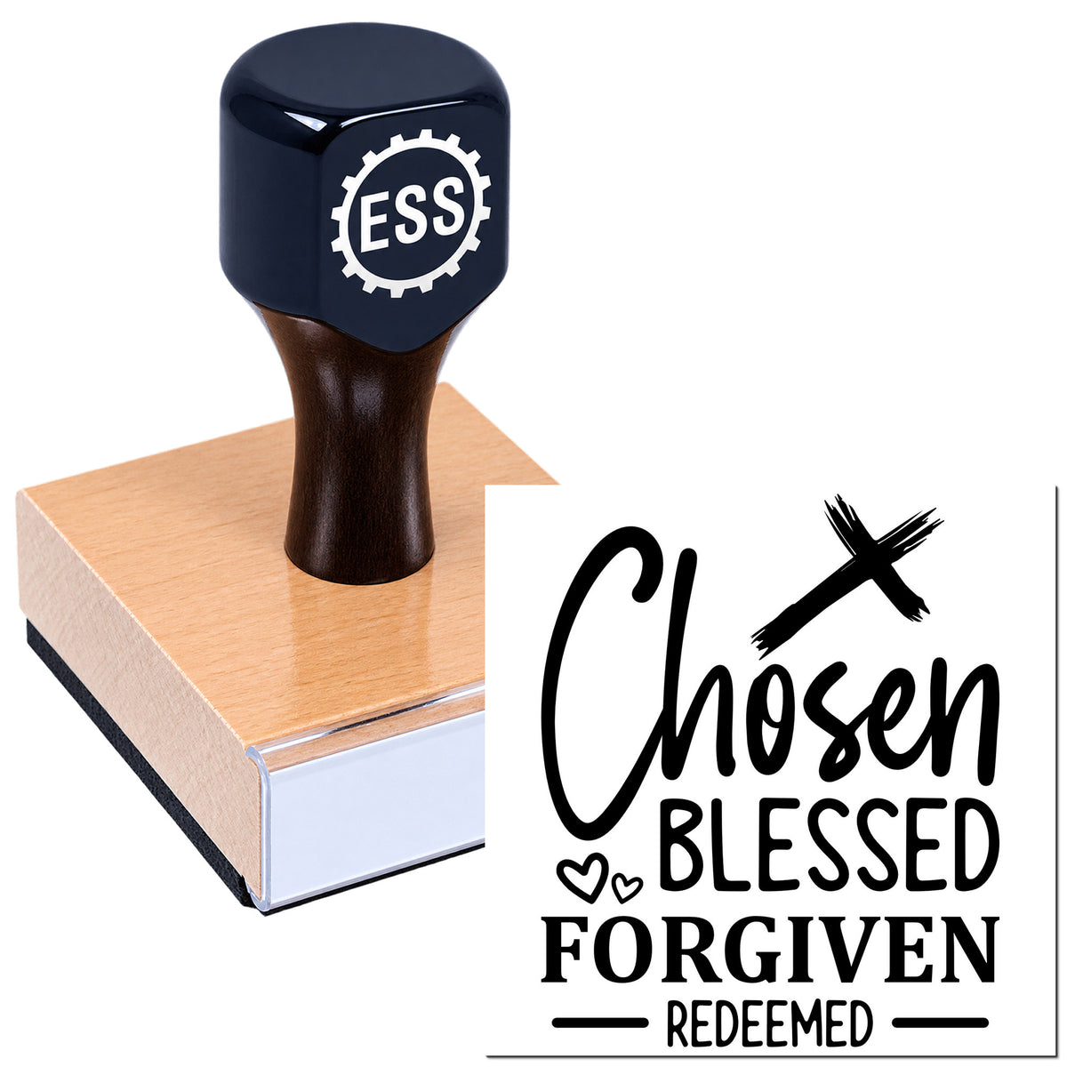 Black ESS stamp seal on a wooden block, with a black "Chosen Blessed Forgiven Redeemed" design on white.