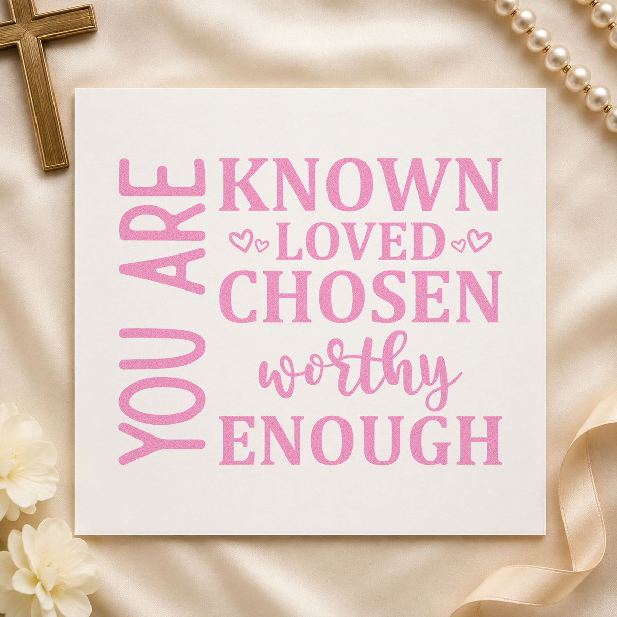 You Are Known Loved Chosen craft stamp in purple ink on cardstock, an easy option for foster welcome kits.