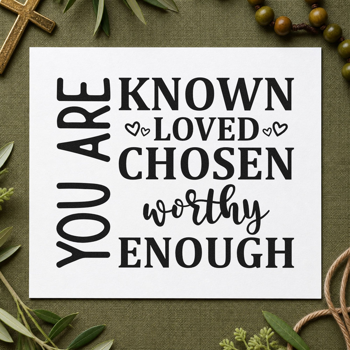 You Are Known Loved Chosen rubber stamp printed in black ink, ready for vertical list cards and similar paper crafts.