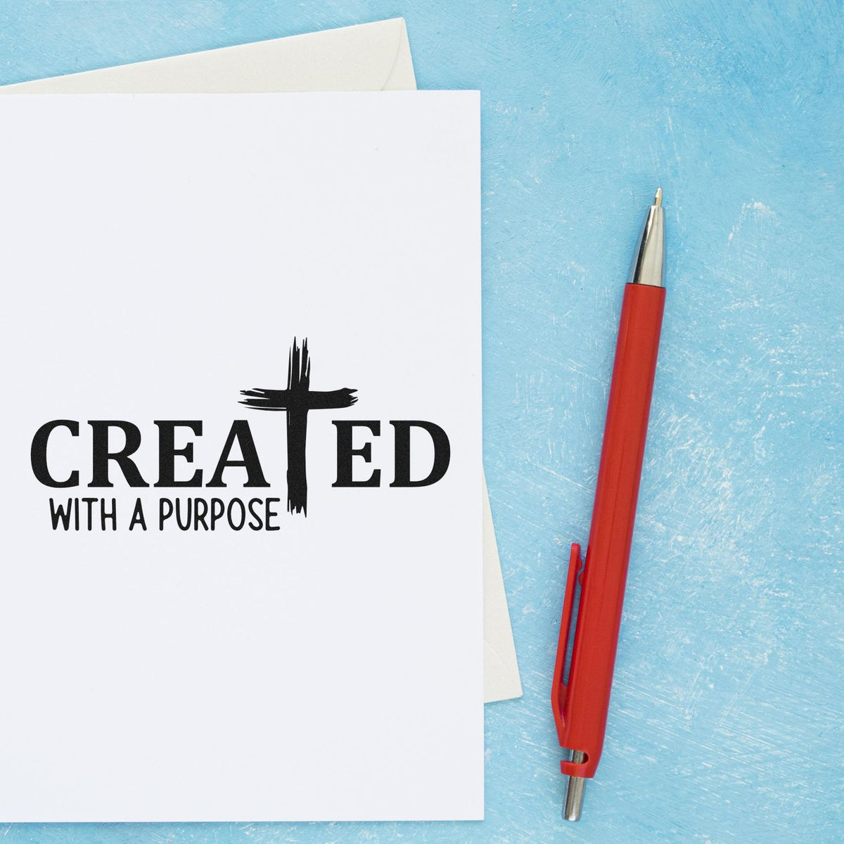 White custom stamp reading Created with a Purpose beside a red pen on a textured blue background.