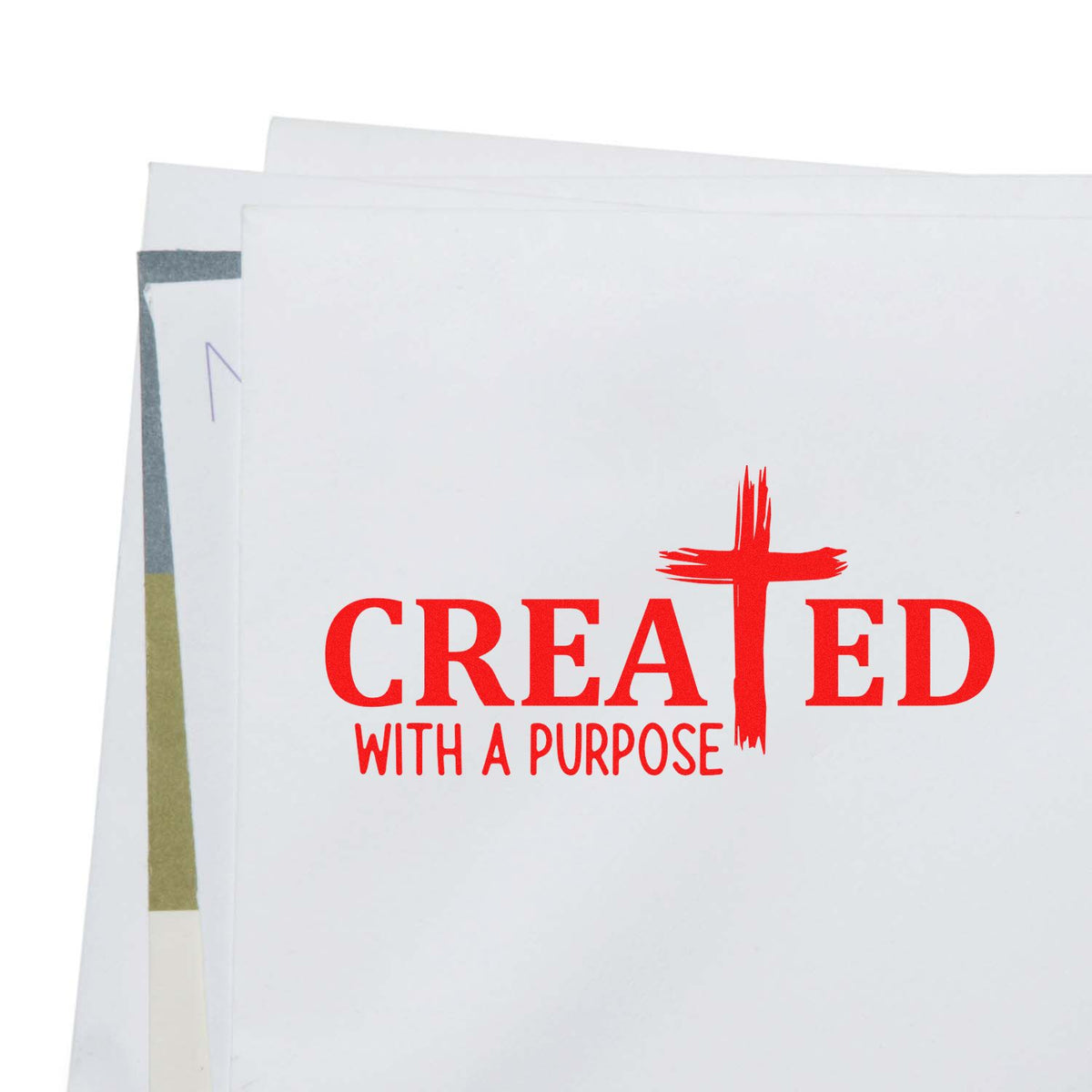 White custom stamp and seal stationery with bold red Created with a Purpose cross logo.