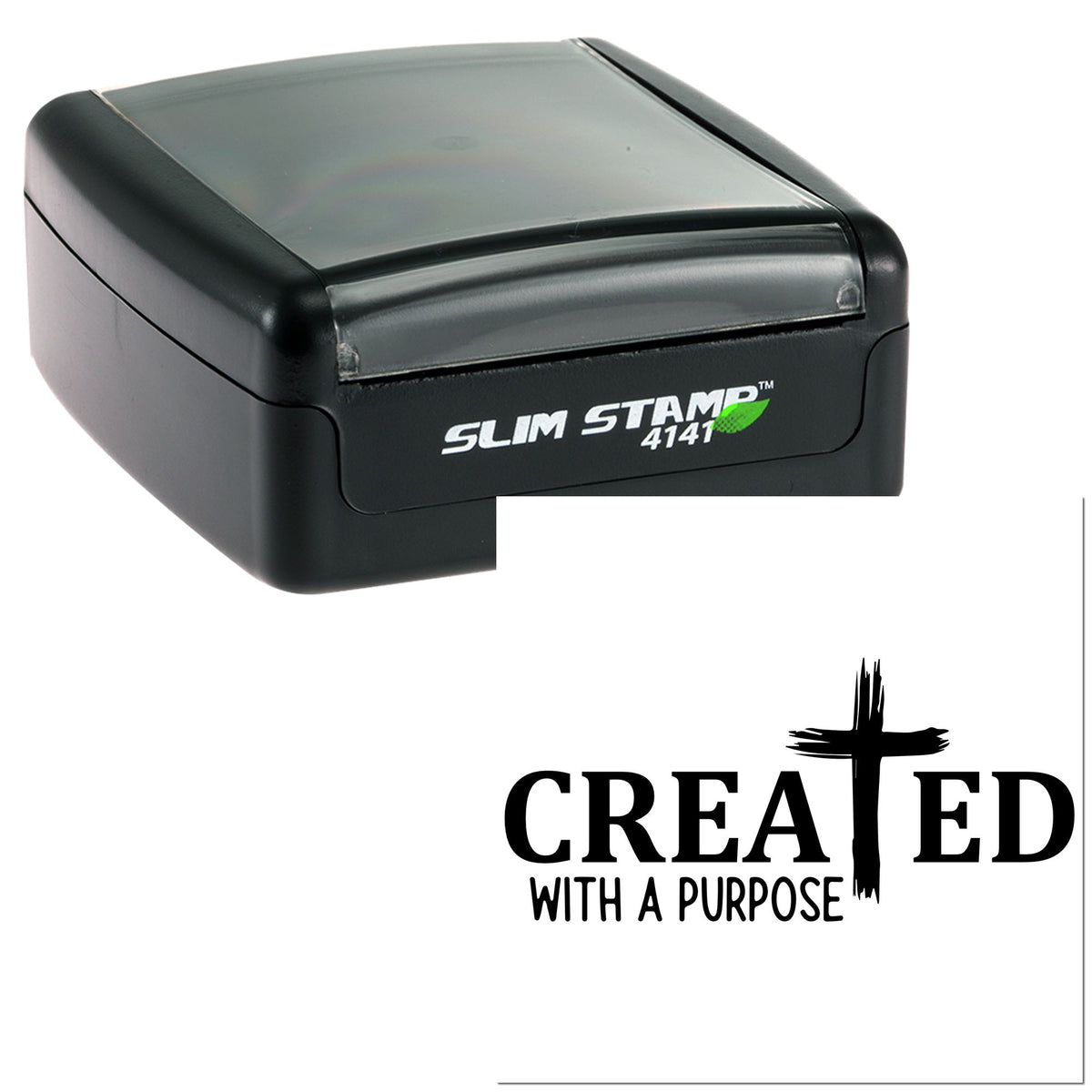 Black Slim Stamp 4141 self-inking stamp with green accent and Created with a Purpose seal on white background.