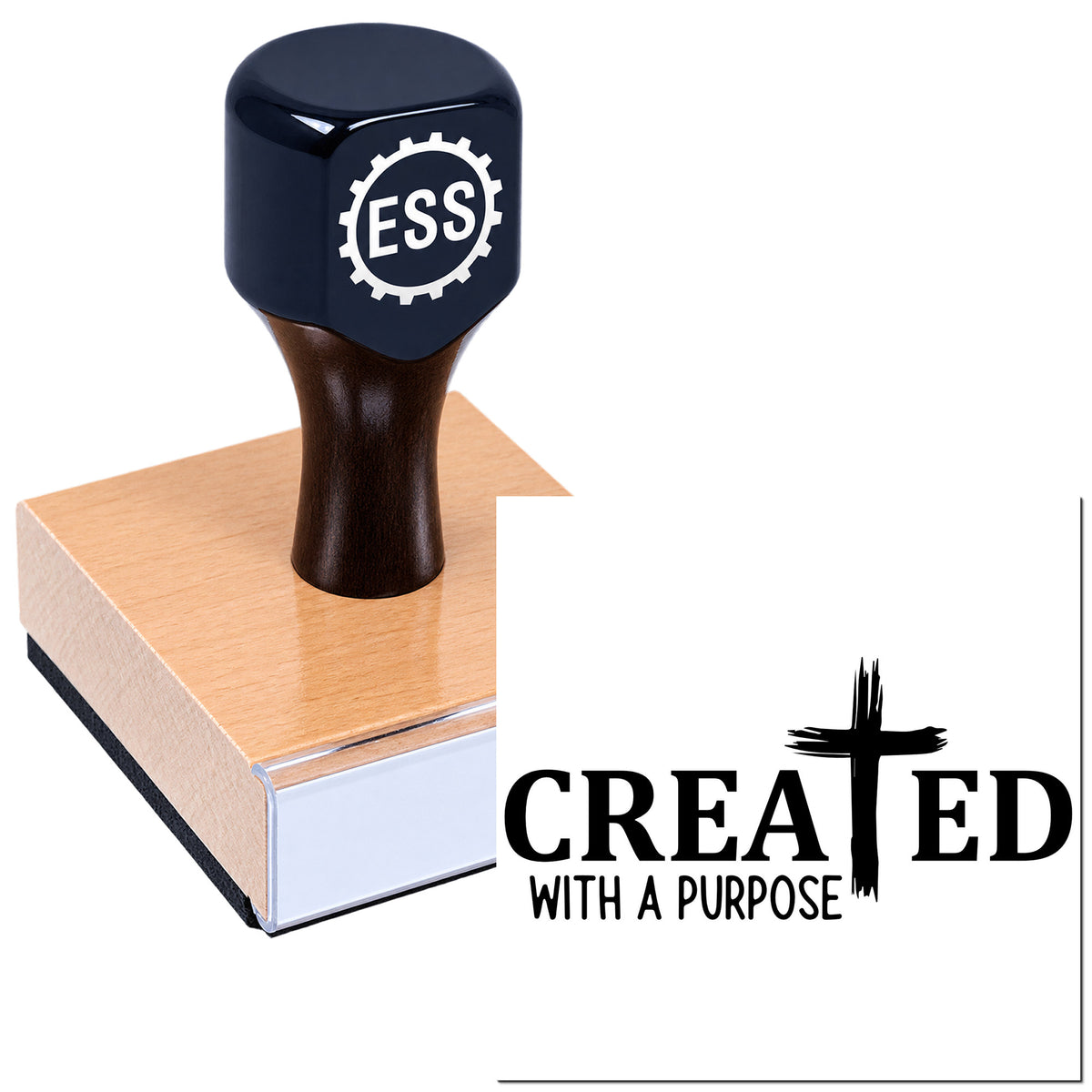 Black ESS rubber stamp and seal on a pink wooden block with "Created with a Purpose" text.