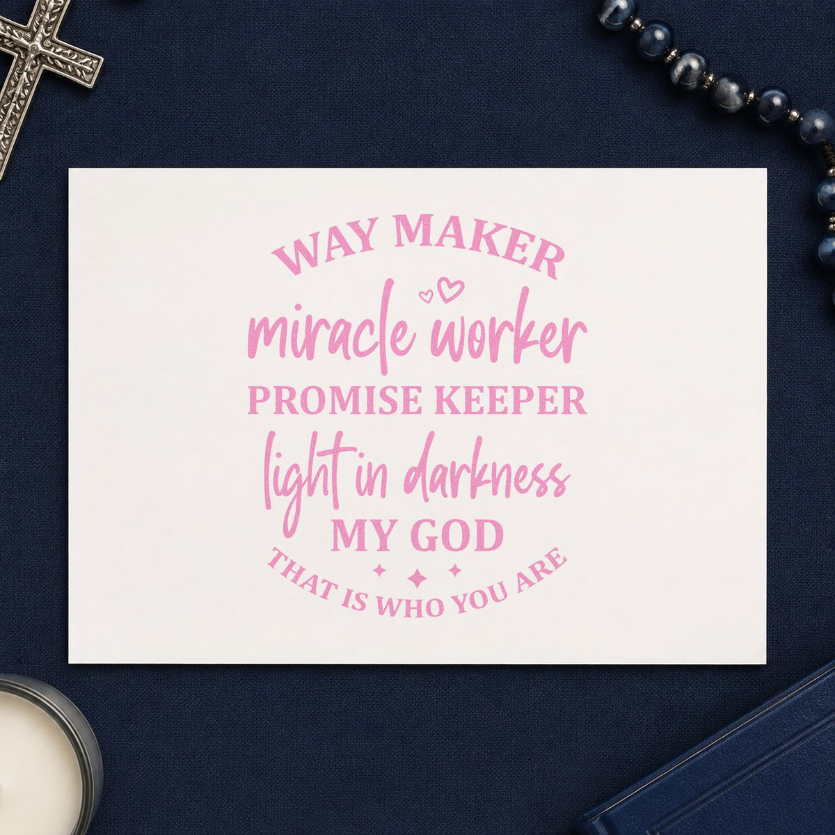 Way Maker Miracle Worker craft stamp in purple ink on cardstock, an easy option for worship night favors.