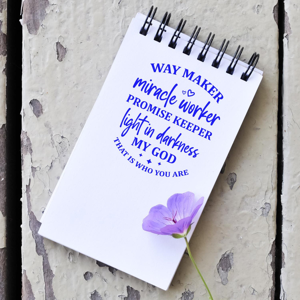Way Maker Miracle Worker rubber stamp shown in blue ink, stamped for projects such as worship night favors.