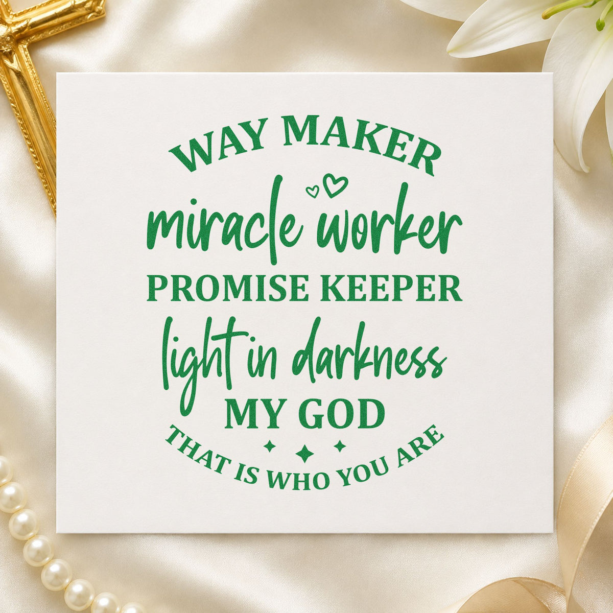 Way Maker Miracle Worker craft stamp imprint in green ink on a handmade project, one idea being choir folder covers.