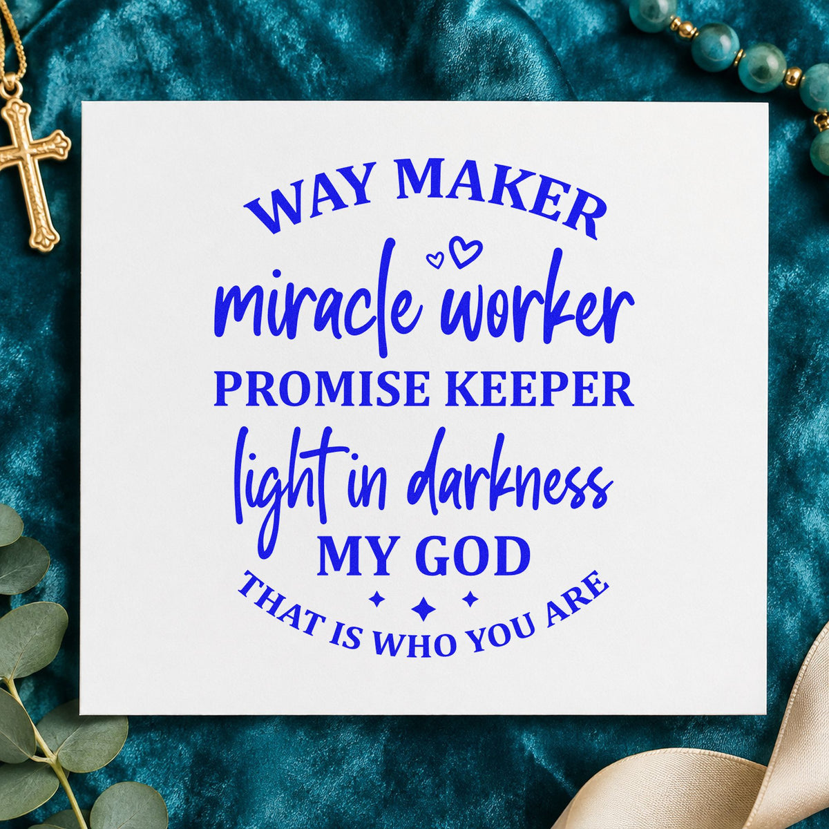 Way Maker Miracle Worker craft stamp imprinted in blue ink on paper, a design suited to moving day cards.