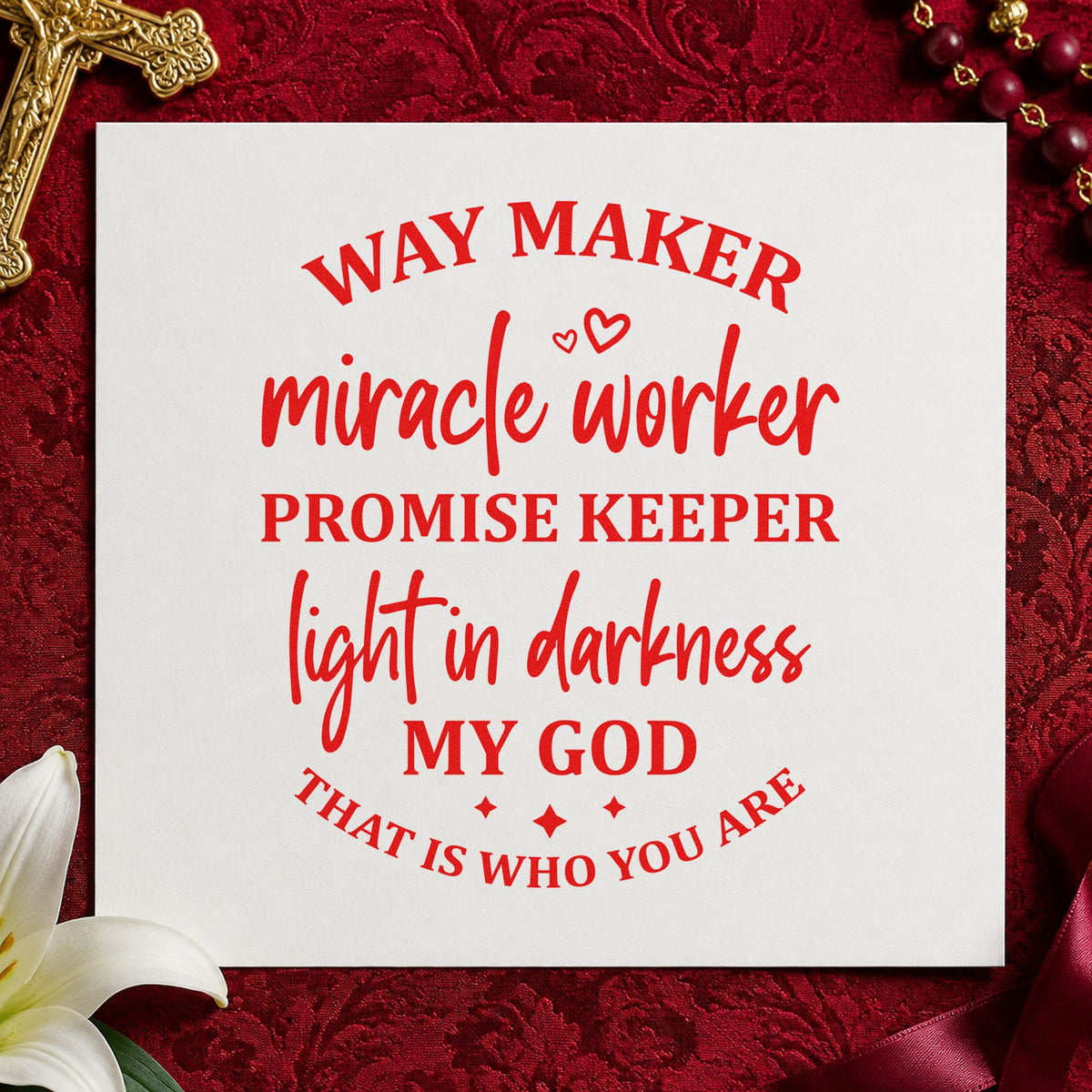 Way Maker Miracle Worker rubber stamp shown in red ink, stamped for projects such as bible study handouts.
