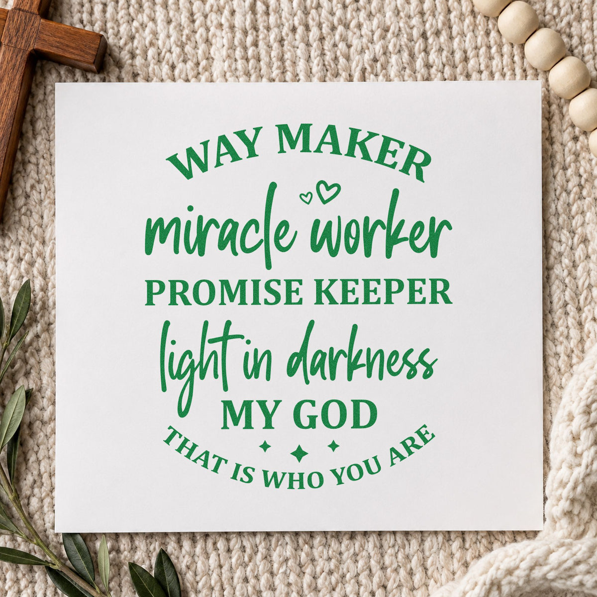 Way Maker Miracle Worker craft stamp imprint in green ink on a handmade project, one idea being framed living room art.