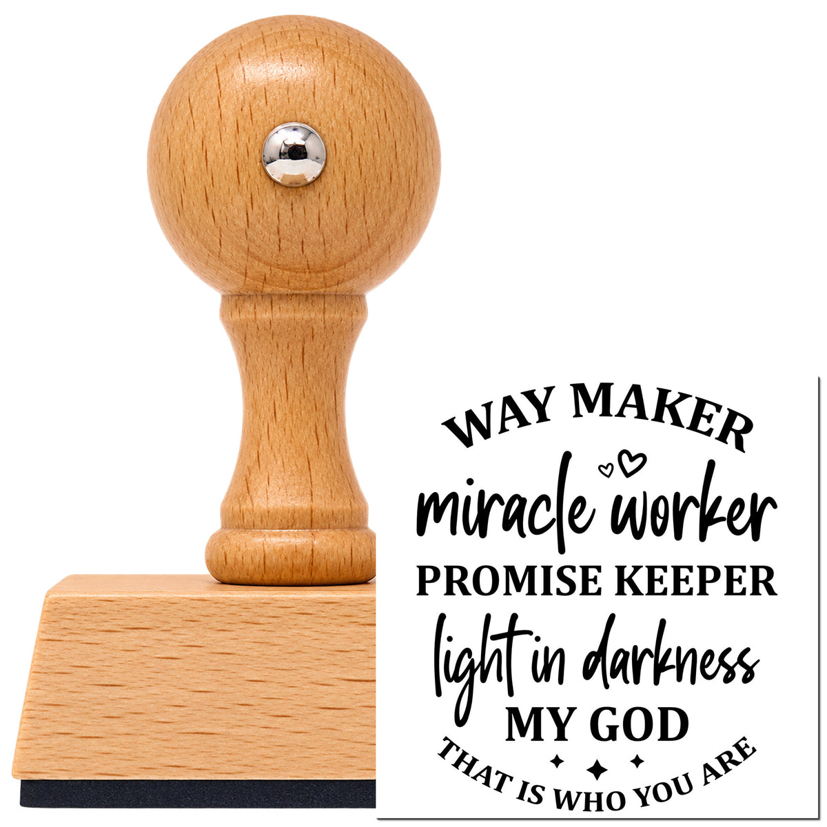 Vintage Pro beech wood stamp with a round knob handle, shown with its black Way Maker Miracle Worker imprint on white.