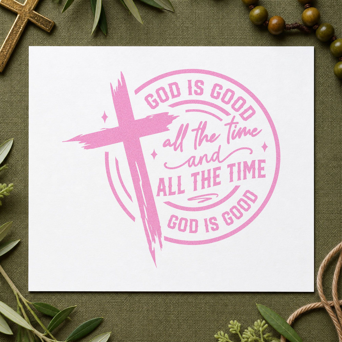 God Is Good Cross Circle craft stamp in purple ink on cardstock, an easy option for round label seals.
