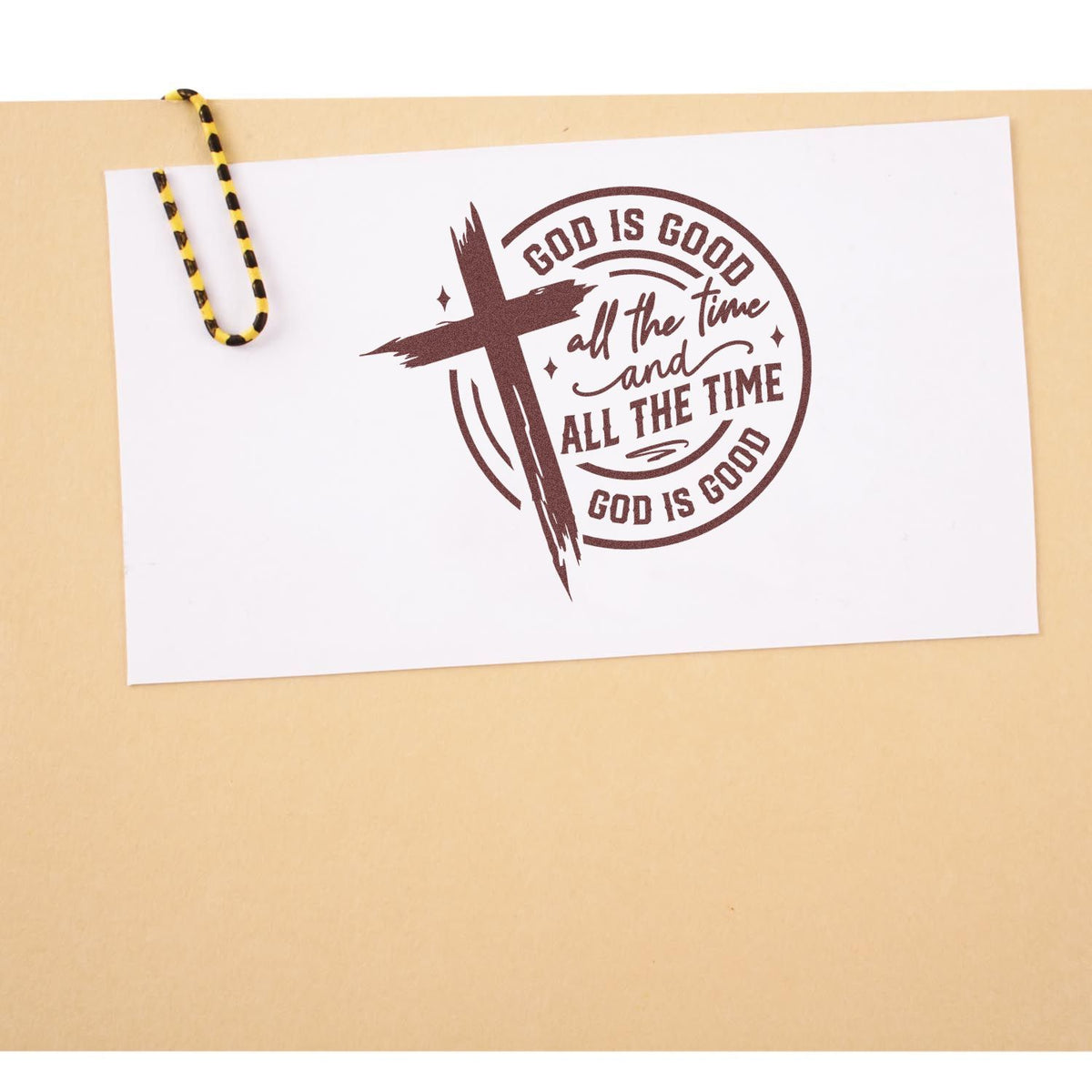 God Is Good Cross Circle rubber stamp shown in brown ink, stamped for projects such as round label seals.
