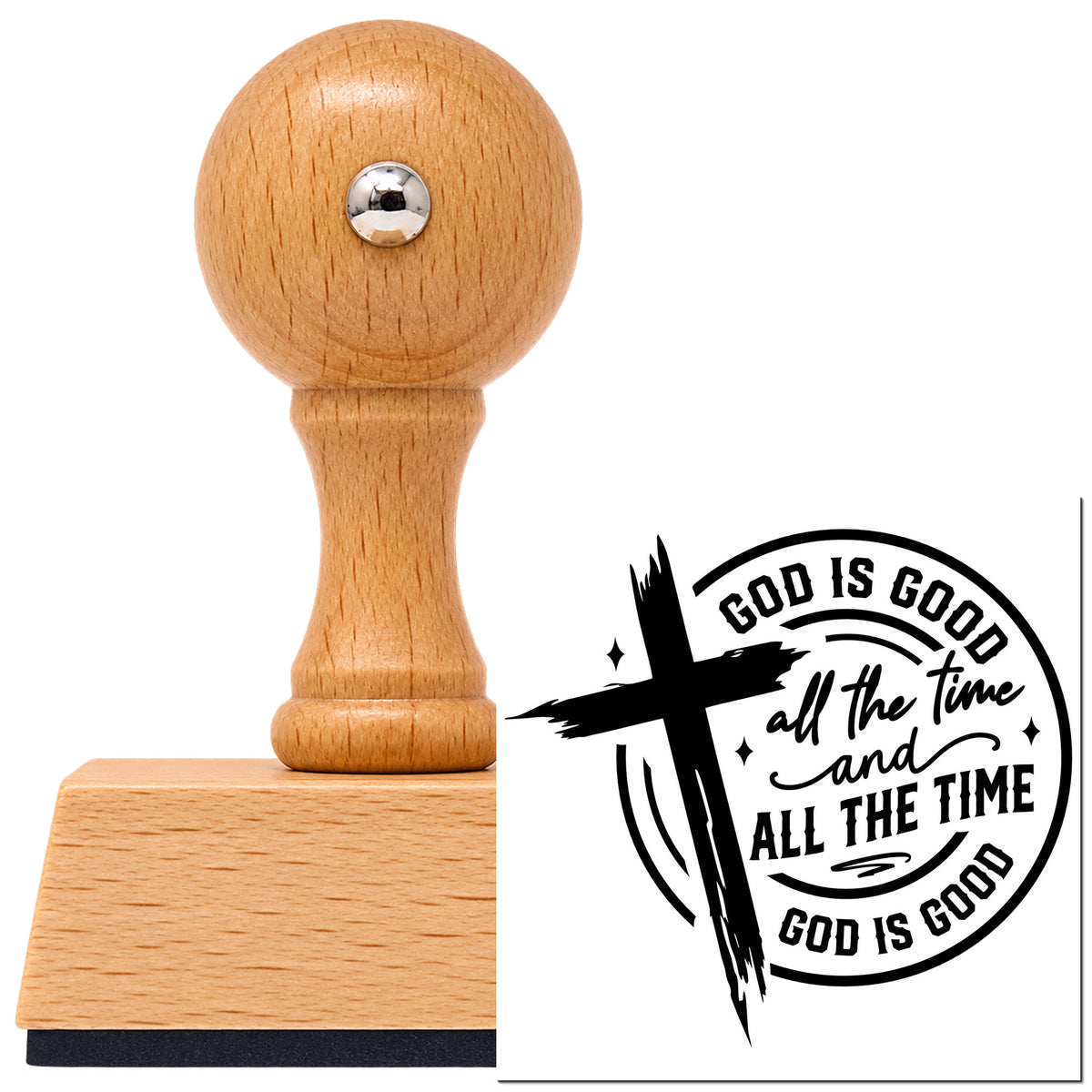 Vintage Pro beech wood stamp with a round knob handle, shown with its black God Is Good All The Time imprint on white.