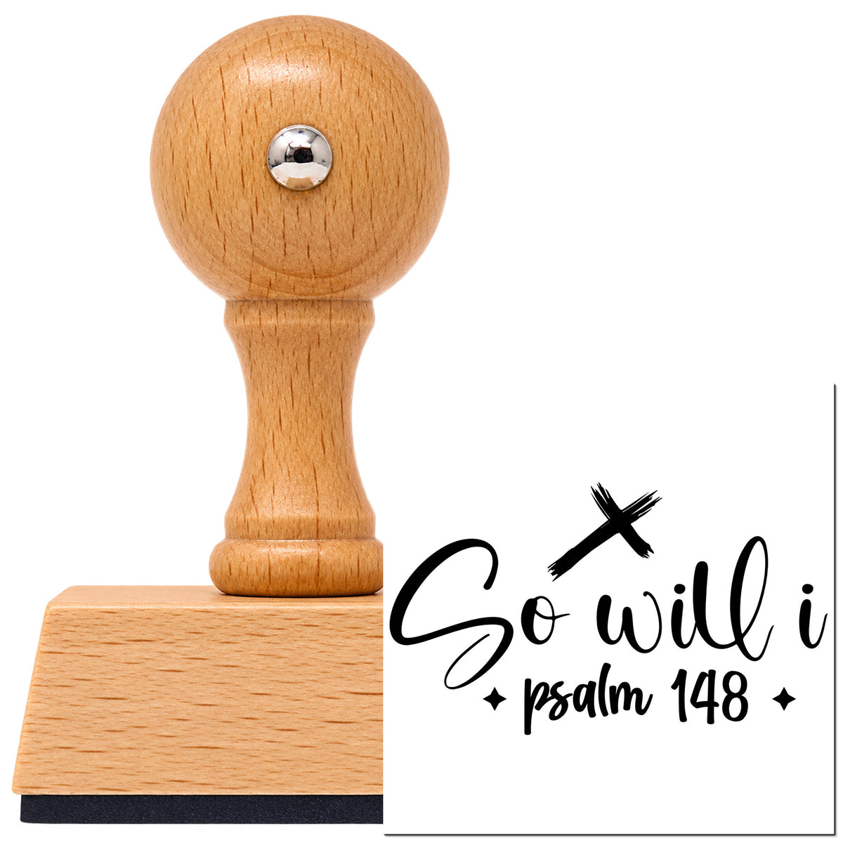Vintage Pro beech wood stamp with a round knob handle, shown with its black So Will I Cross imprint on white.
