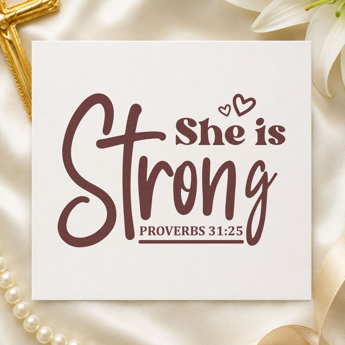 She Is Strong Cross Script rubber stamp printed in brown ink, ready for tribute pages and similar paper crafts.