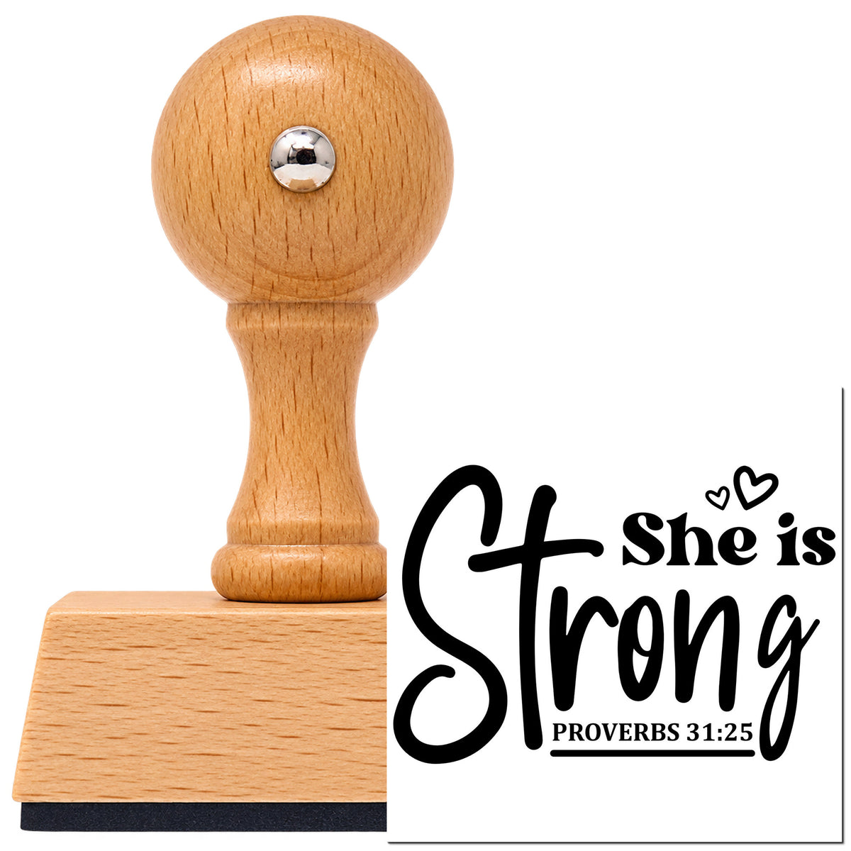 Vintage Pro beech wood stamp with a round knob handle, shown with its black She Is Strong Cross Script Lettering imprint on white.