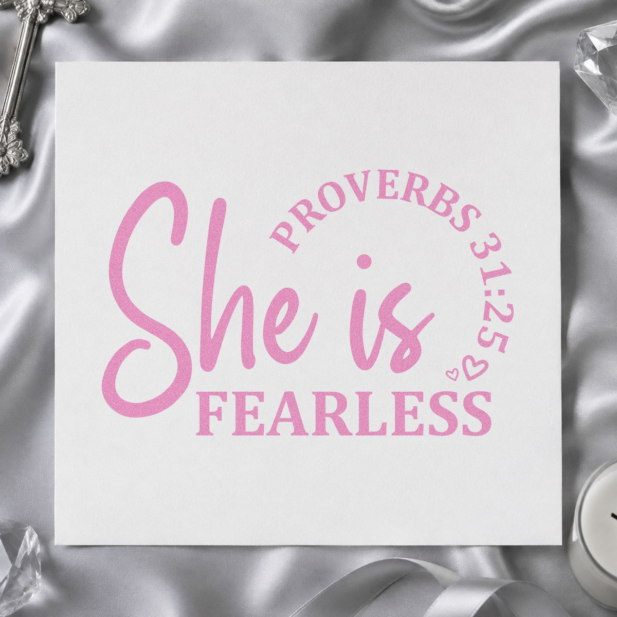 She Is Fearless Script craft stamp in purple ink on cardstock, an easy option for female firefighter gifts.