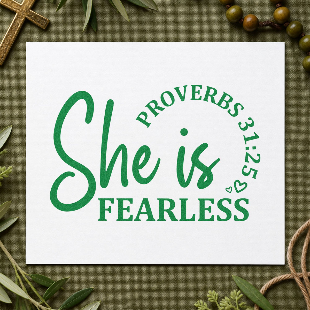 She Is Fearless Script craft stamp imprint in green ink on a handmade project, one idea being girls' robotics tees.