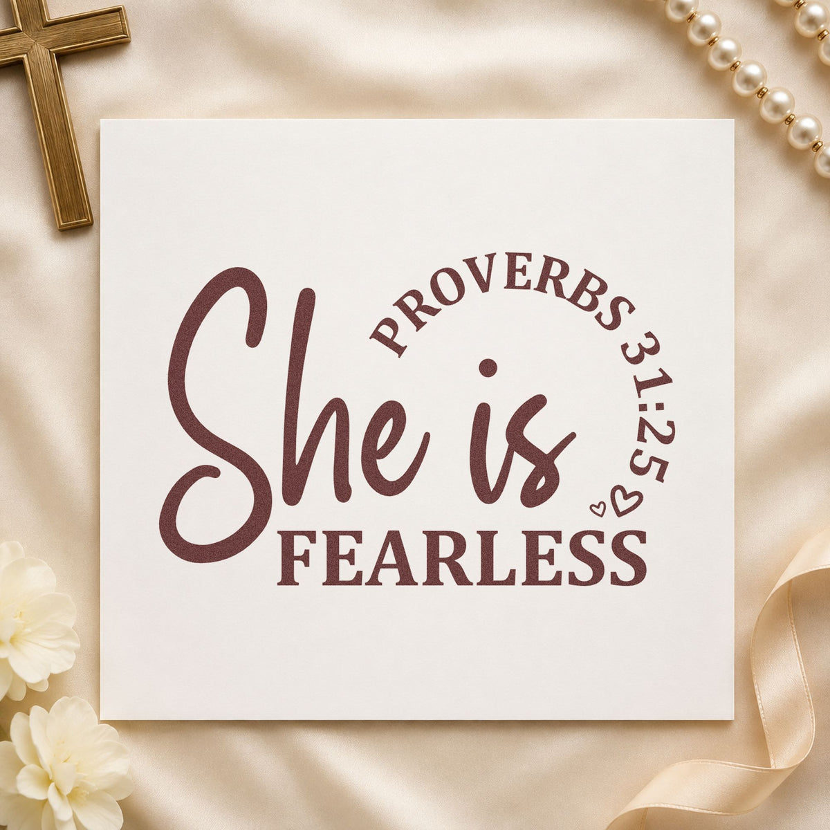 She Is Fearless Script rubber stamp printed in brown ink, ready for brave girl pages and similar paper crafts.
