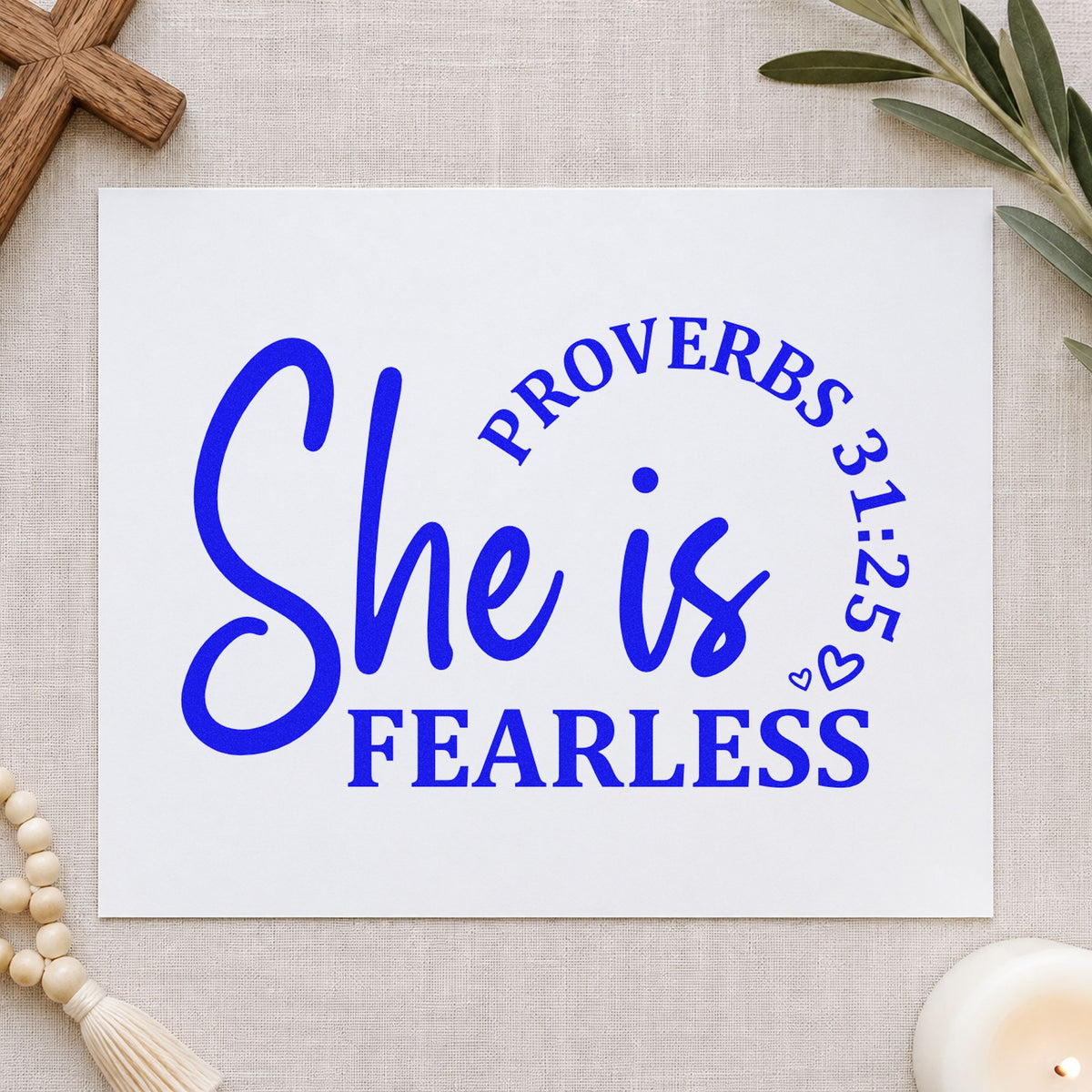 She Is Fearless Script craft stamp in blue ink on cardstock, an easy option for canvas totes.