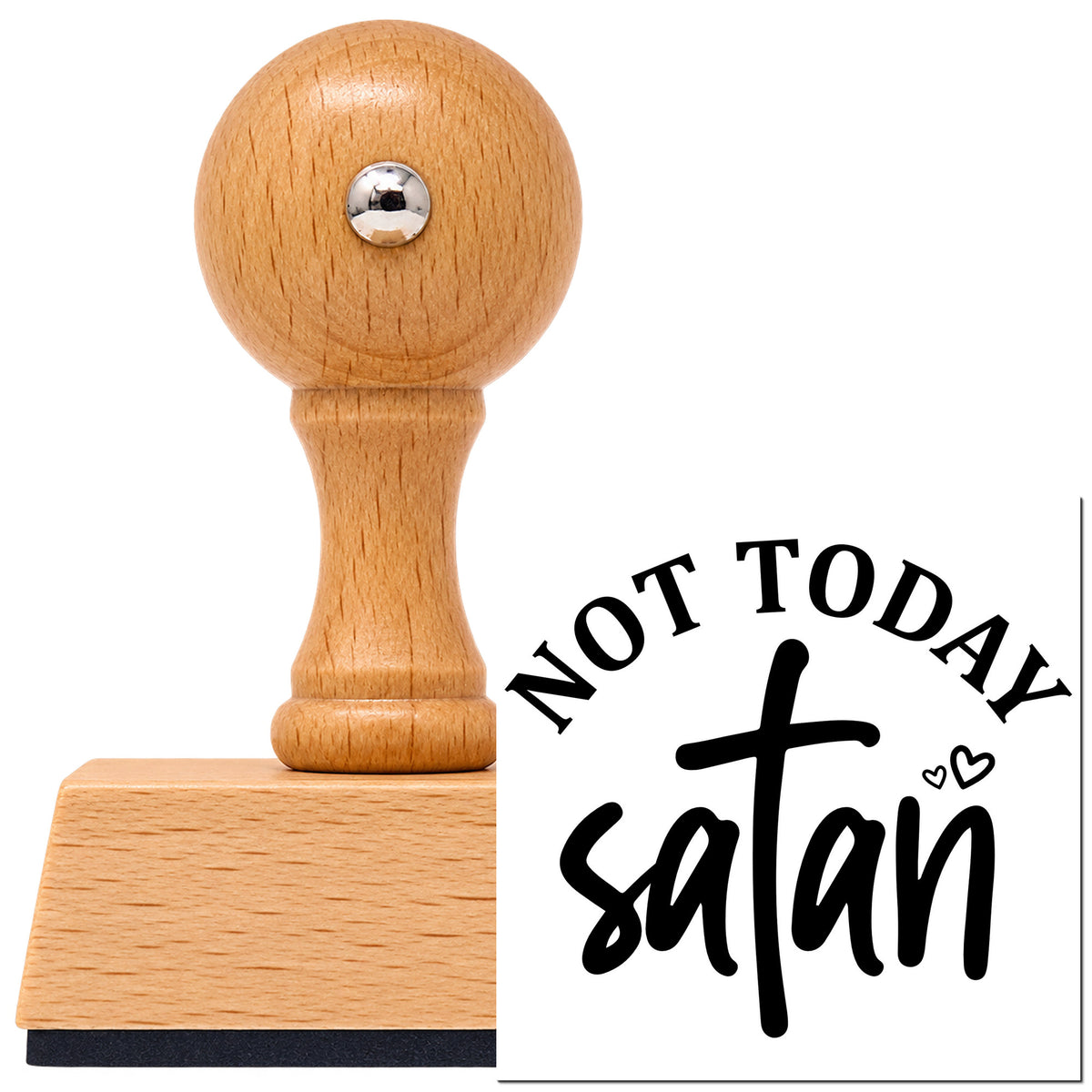 Vintage Pro beech wood stamp with a round knob handle, shown with its black Not Today Satan Cross With Hearts imprint on white.