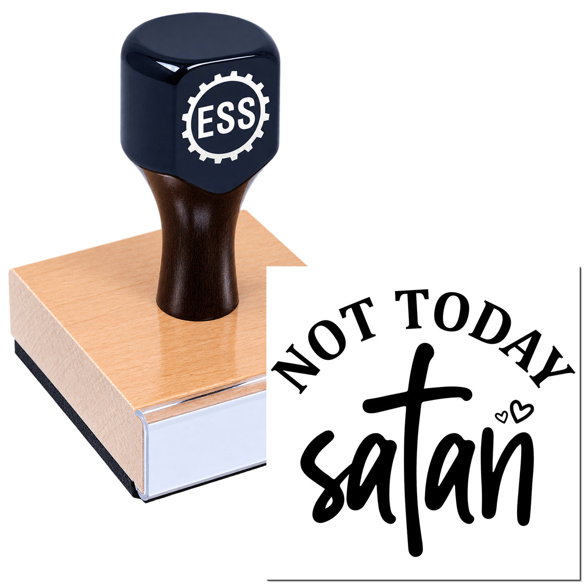 Black ESS rubber stamp on pink seal base, printing "Not Today Satan" in bold black script with hearts.