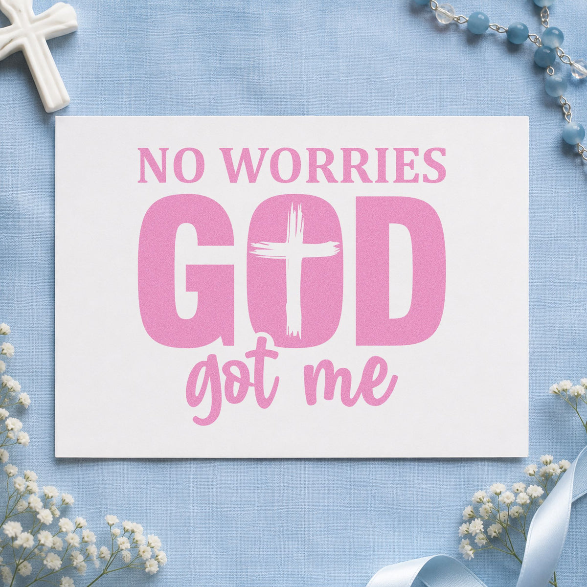 No Worries God Got Me Cross craft stamp in purple ink on cardstock, an easy option for surgery recovery kits.