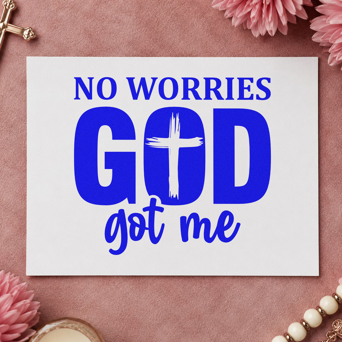 No Worries God Got Me Cross craft stamp imprinted in blue ink on paper, a design suited to teen driver gifts.