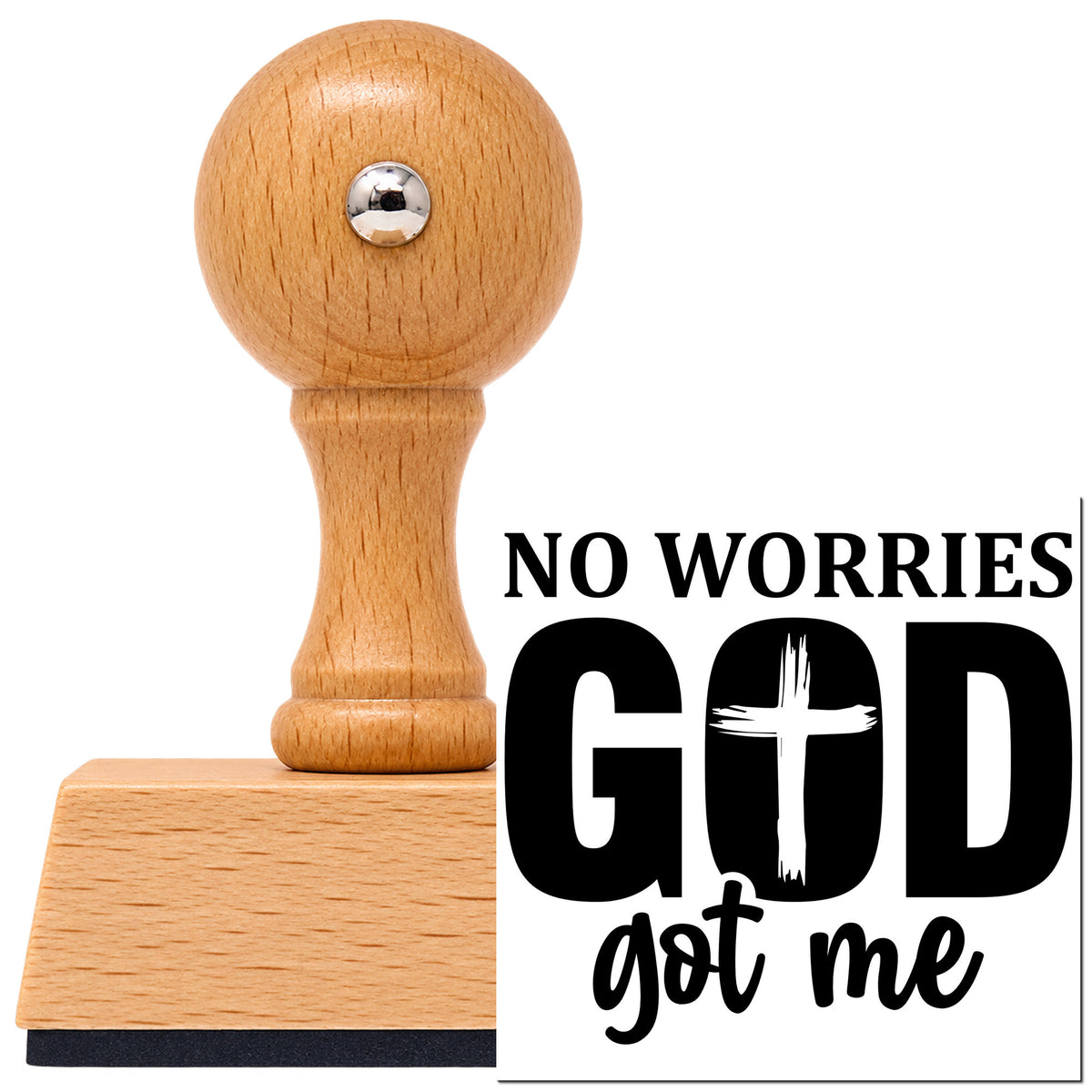 Vintage Pro beech wood stamp with a round knob handle, shown with its black God Got Me No Worries Cross imprint on white.