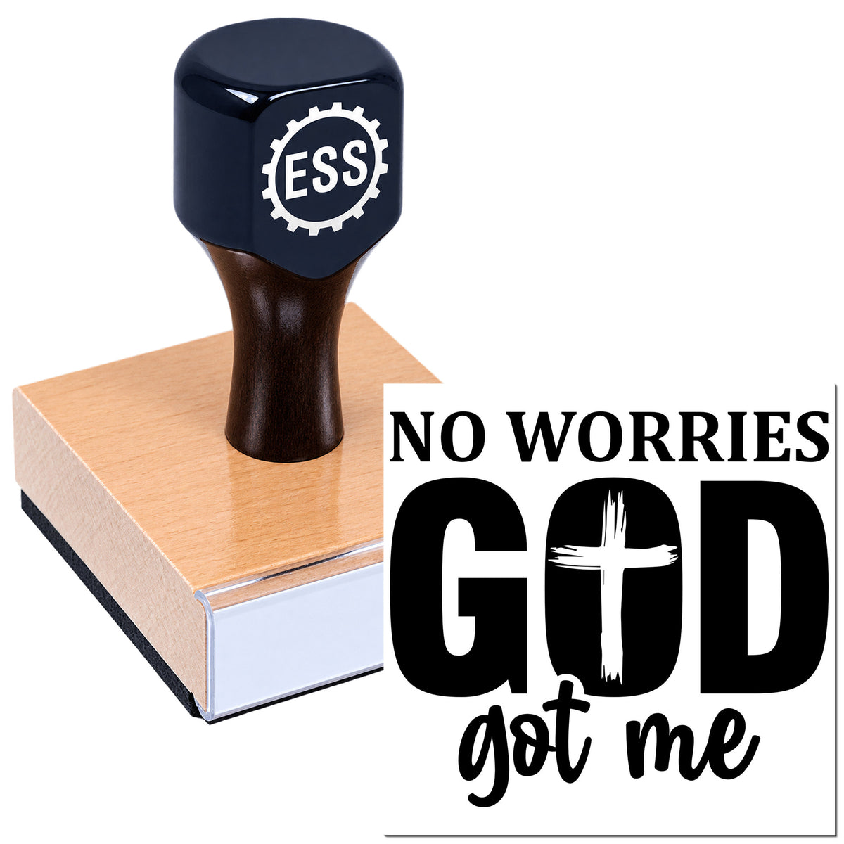 Black ESS rubber stamp and seal on salmon wooden block with "No Worries God Got Me" text.