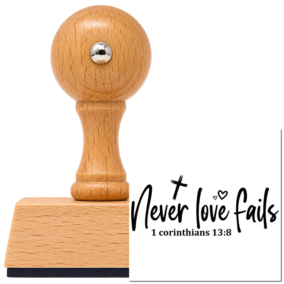 Vintage Pro beech wood stamp with a round knob handle, shown with its black Never Love Fails Scripture Word Art imprint on white.