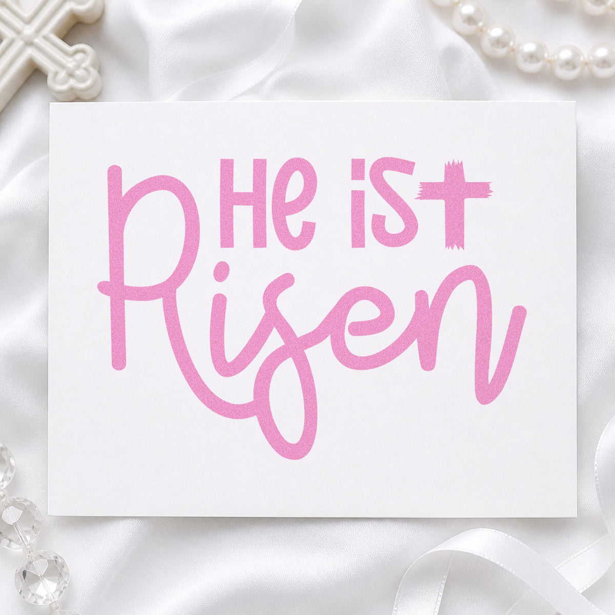 He Is Risen Script craft stamp in purple ink on cardstock, an easy option for easter basket tags.