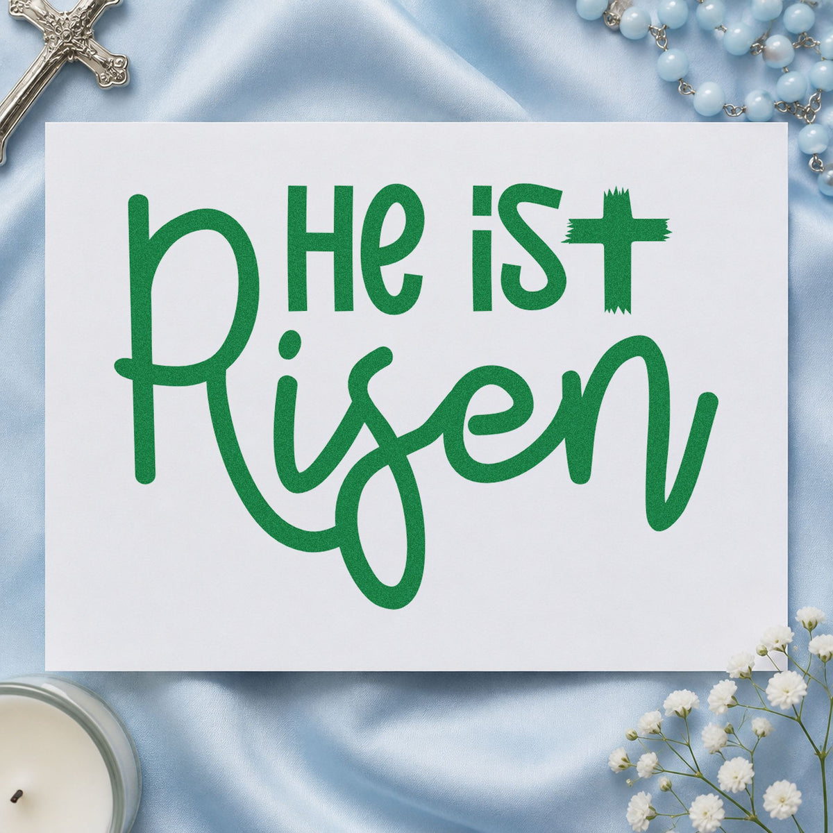 He Is Risen Script craft stamp imprint in green ink on a handmade project, one idea being egg hunt signs.